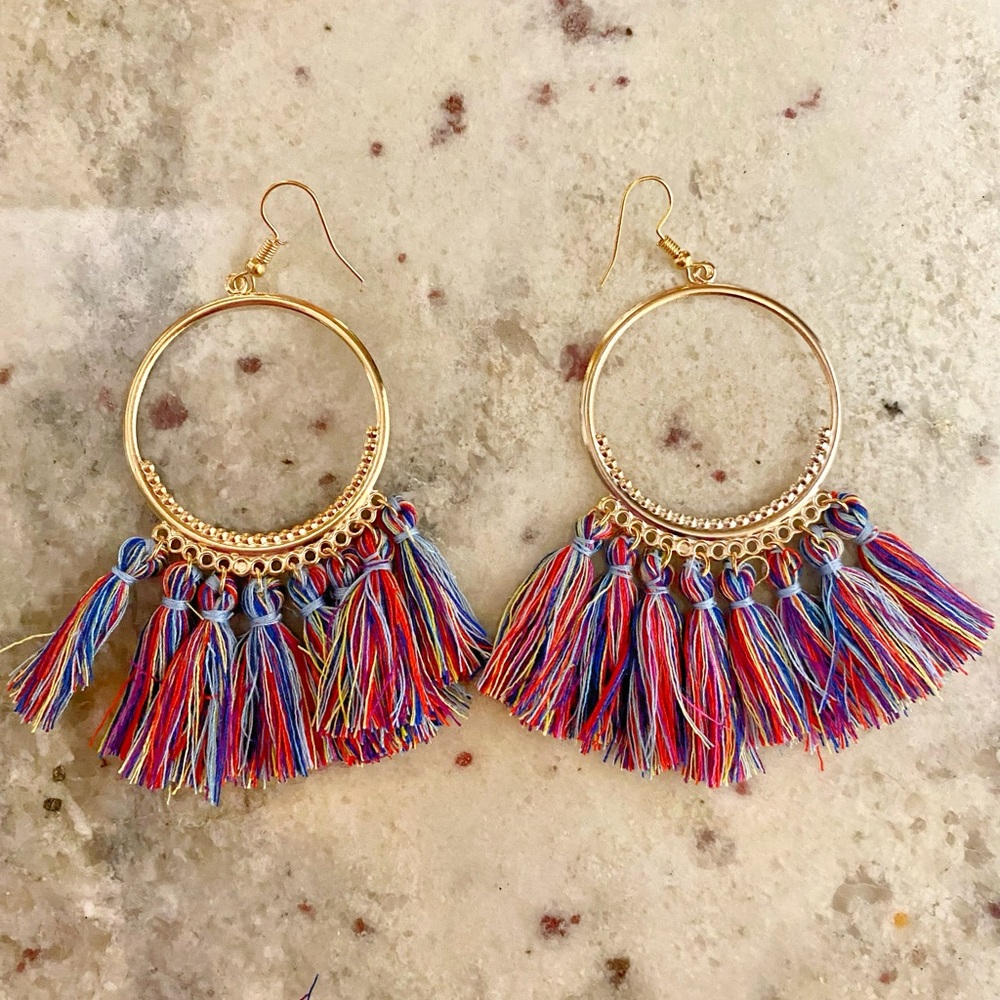 Gold Hoop MultiColor Tassle Earrings